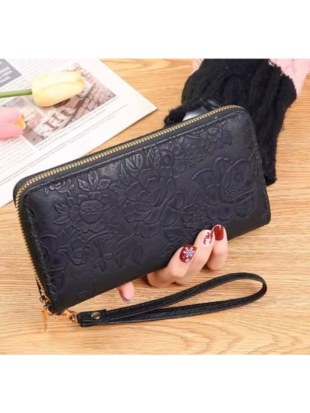 PU Leather Black Floral Embossed Wallet With Wristlet Strap Zipper Closure Multi